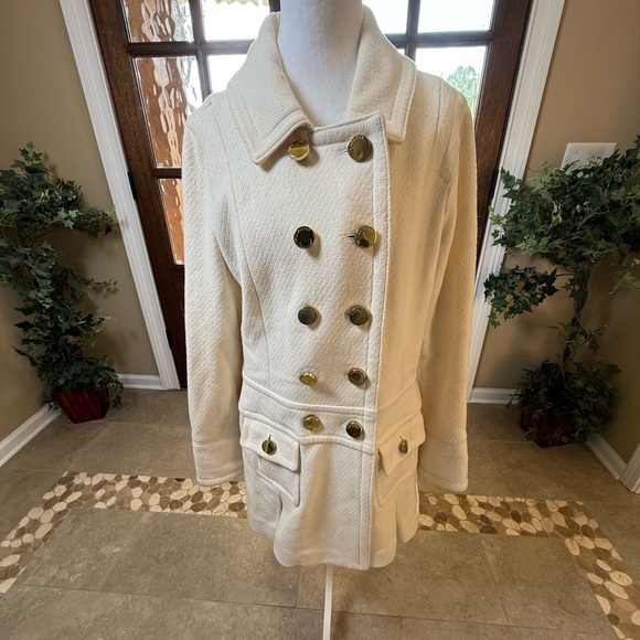 Express Classic Double-Breasted Textured White Peacoat - Picture 1 of 12